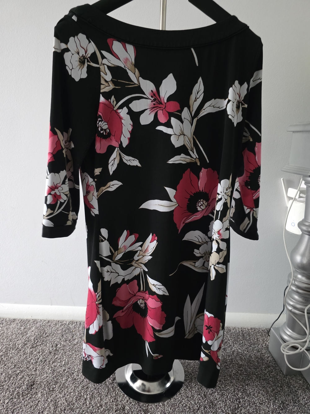 White House Black Market Black Midi Dress with Pink & White Floral Print